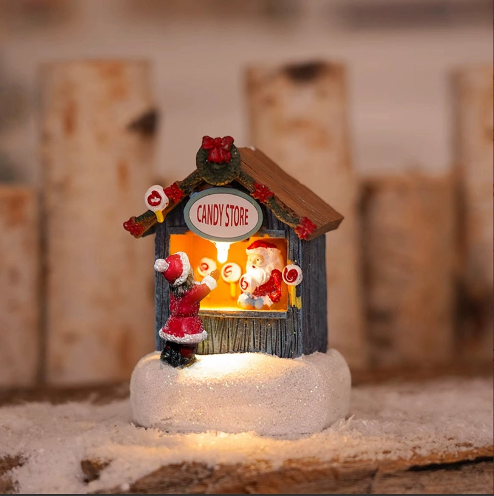 Christmas Resin House Decor – Santa Claus Miniature Shop LED Village Ornament  Decorla