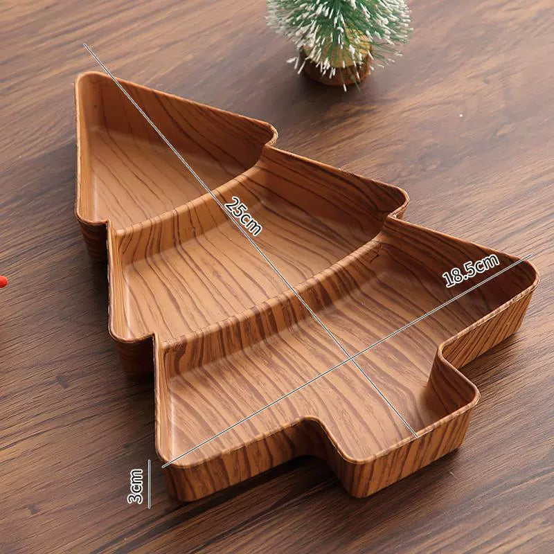 Christmas Tree Snack Tray – Wooden Texture Multi-Compartment Holiday Serving Plate  Decorla