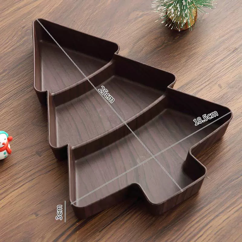 Christmas Tree Snack Tray – Wooden Texture Multi-Compartment Holiday Serving Plate  Decorla