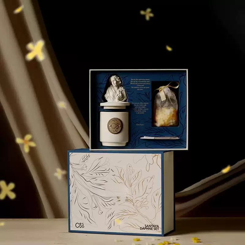 Open box showing sculpture diffuser, osmanthus chips and accessories