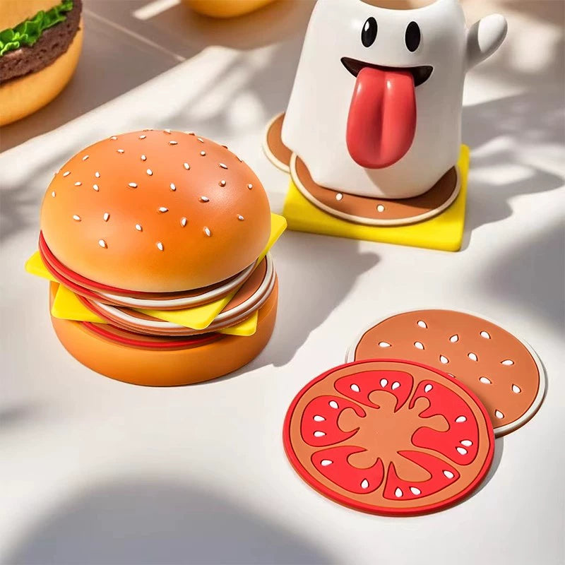 Creative Hamburger Shaped Drink Coaster Set – Stackable Silicone Cup Mats for Home & Office  Decorla