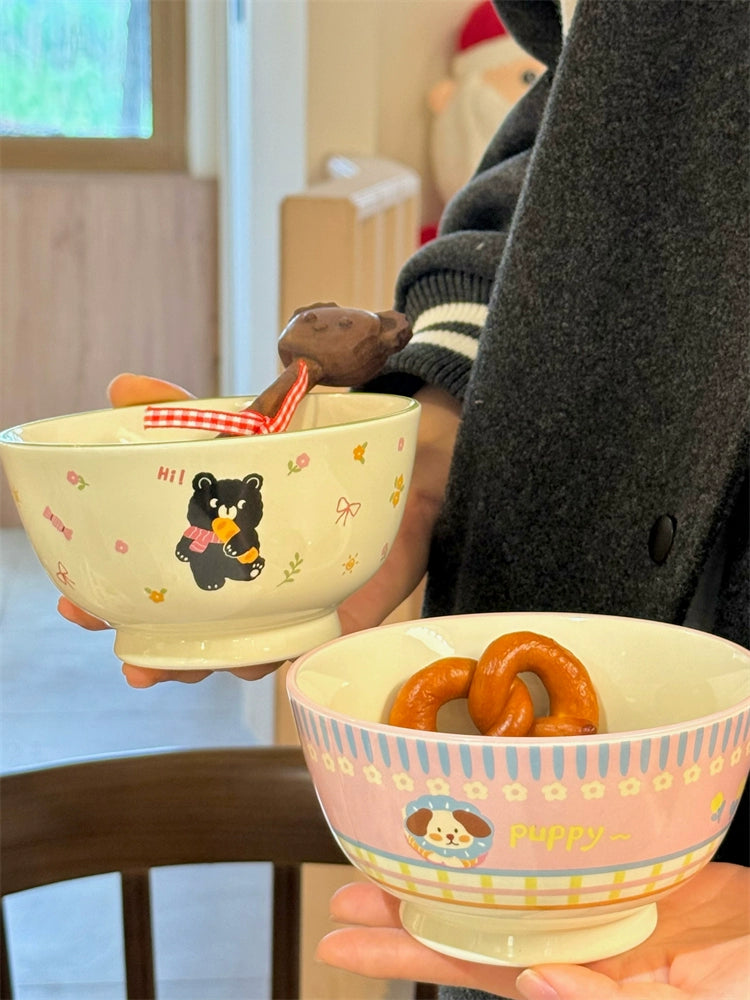 Cute Animal Ceramic Bowl – Kawaii Dog & Bear Japanese-Style Rice Bowl  Decorla