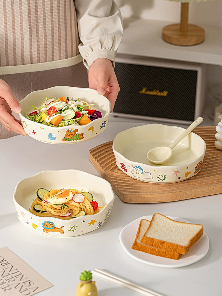 Cute Cartoon Ceramic Bowl – Handmade Deep Salad Plate for Kids & Family  Decorla