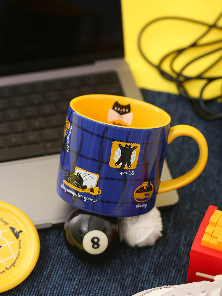 Cute Cat Ceramic Coffee Mug – Blue & Yellow Cat Mug Set with Lid and Spoon  Decorla