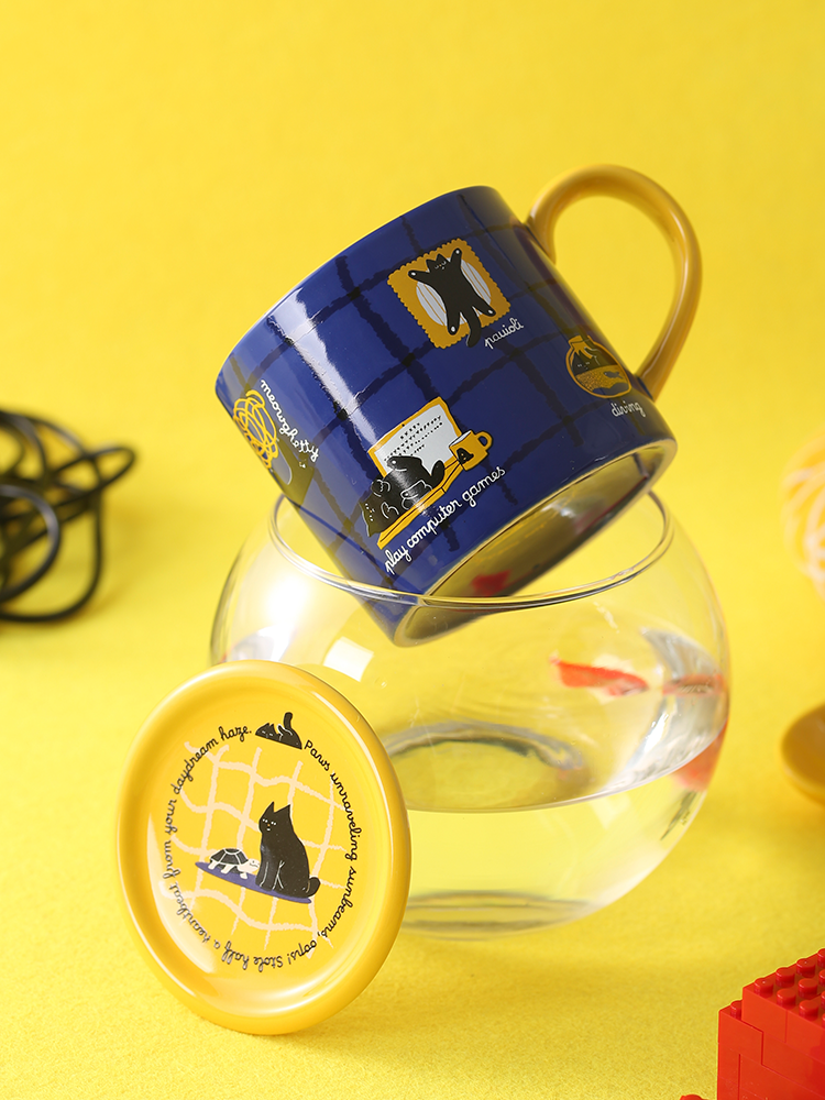 Cute Cat Ceramic Coffee Mug – Blue & Yellow Cat Mug Set with Lid and Spoon  Decorla