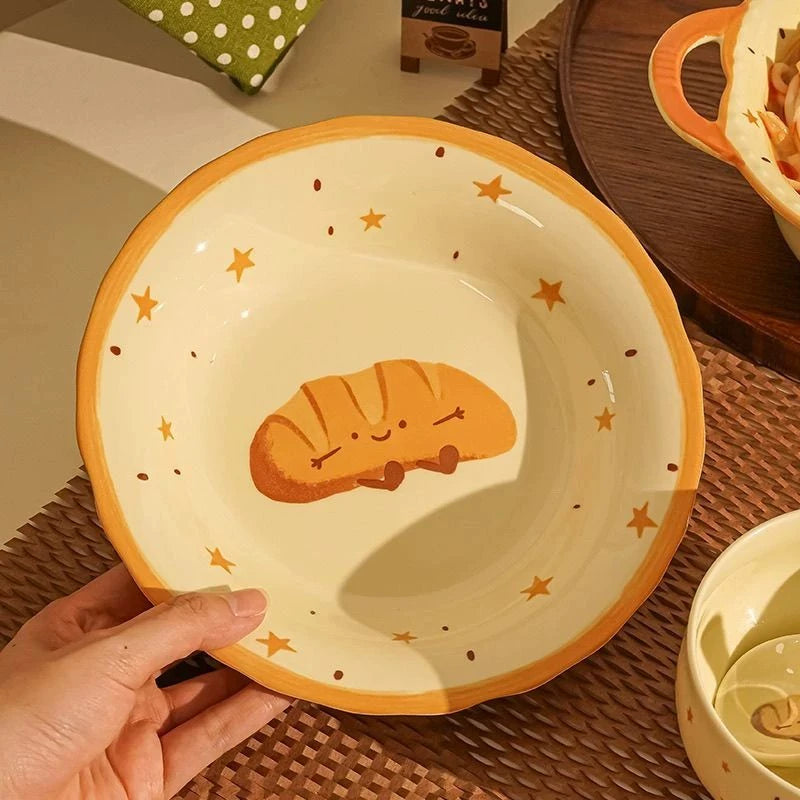 Cute Ceramic Dinner Plate – Kawaii Croissant and Donut Design Breakfast Dish  Decorla