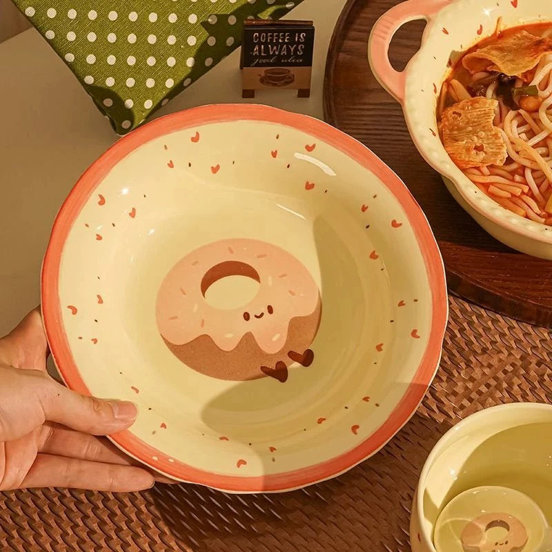 Cute Ceramic Dinner Plate – Kawaii Croissant and Donut Design Breakfast Dish  Decorla