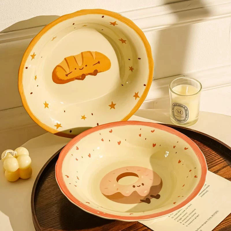 Cute Ceramic Dinner Plate – Kawaii Croissant and Donut Design Breakfast Dish  Decorla