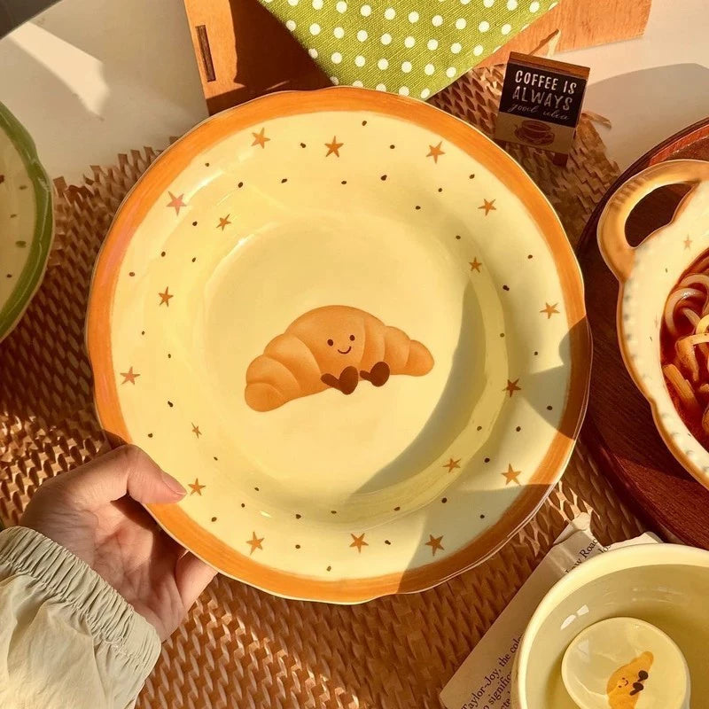 Cute Ceramic Dinner Plate – Kawaii Croissant and Donut Design Breakfast Dish  Decorla