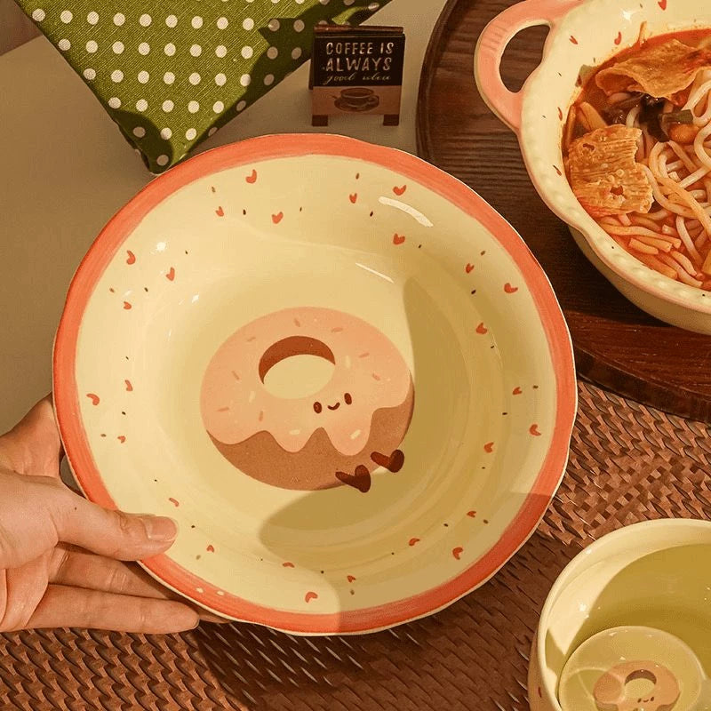 Cute Ceramic Dinner Plate – Kawaii Croissant and Donut Design Breakfast Dish  Decorla