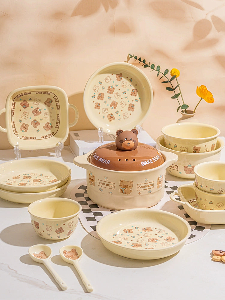 Cute Ceramic Dinnerware Set – Cartoon Bear Cream Style Tableware for Home & Gifts  Decorla