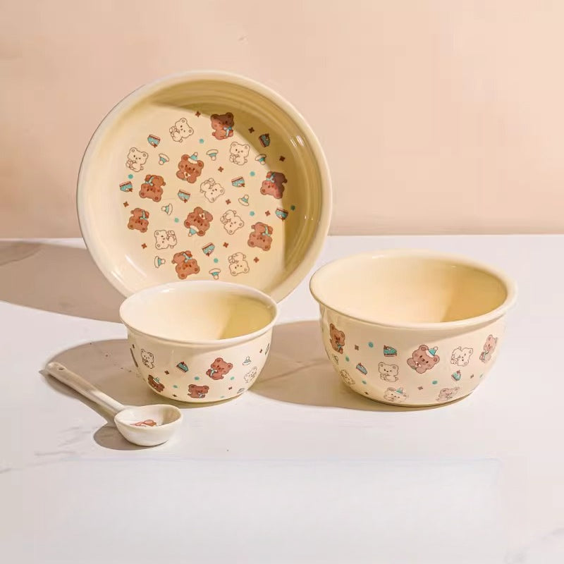 Cute Ceramic Dinnerware Set – Cartoon Bear Cream Style Tableware for Home & Gifts  Decorla
