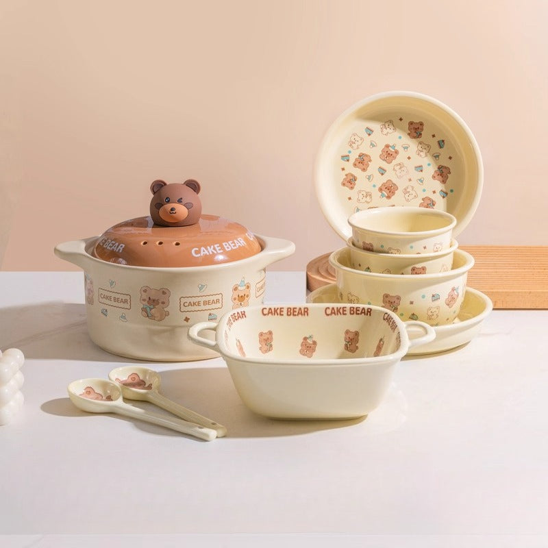Cute Ceramic Dinnerware Set – Cartoon Bear Cream Style Tableware for Home & Gifts  Decorla