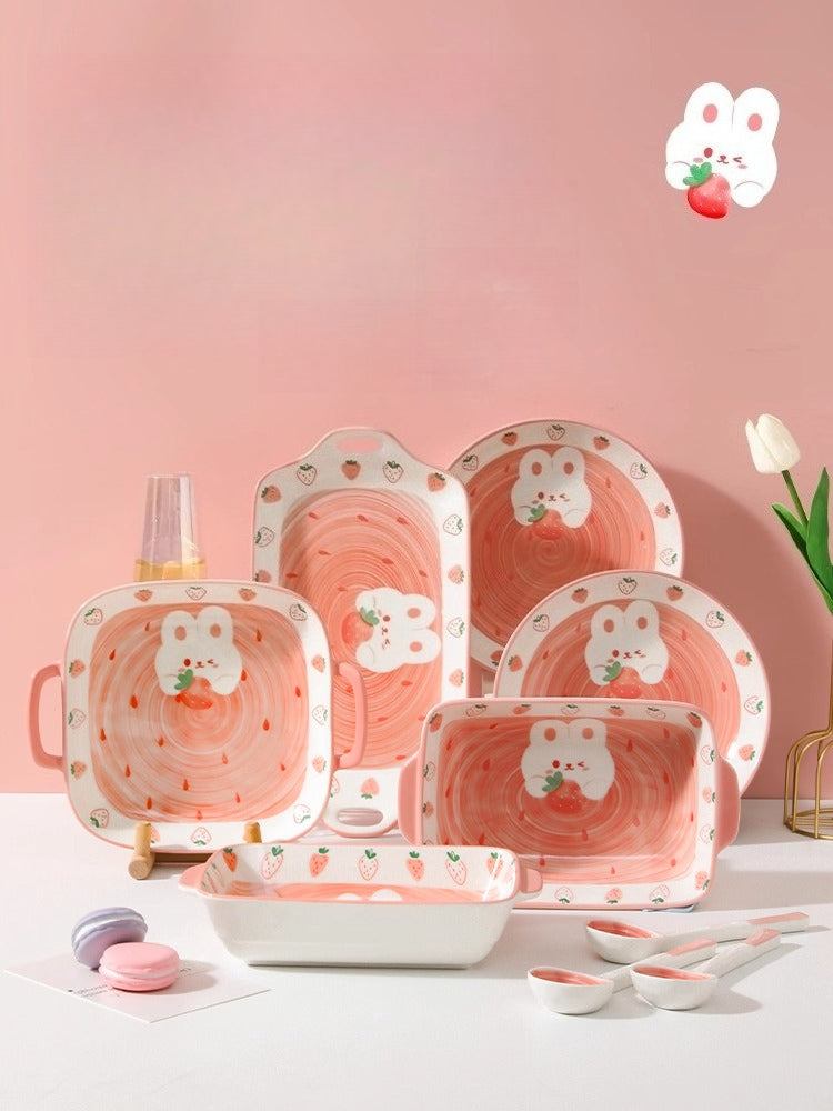 Cute Strawberry Ceramic Plate – Kawaii Bunny Korean Style Tableware  Decorla