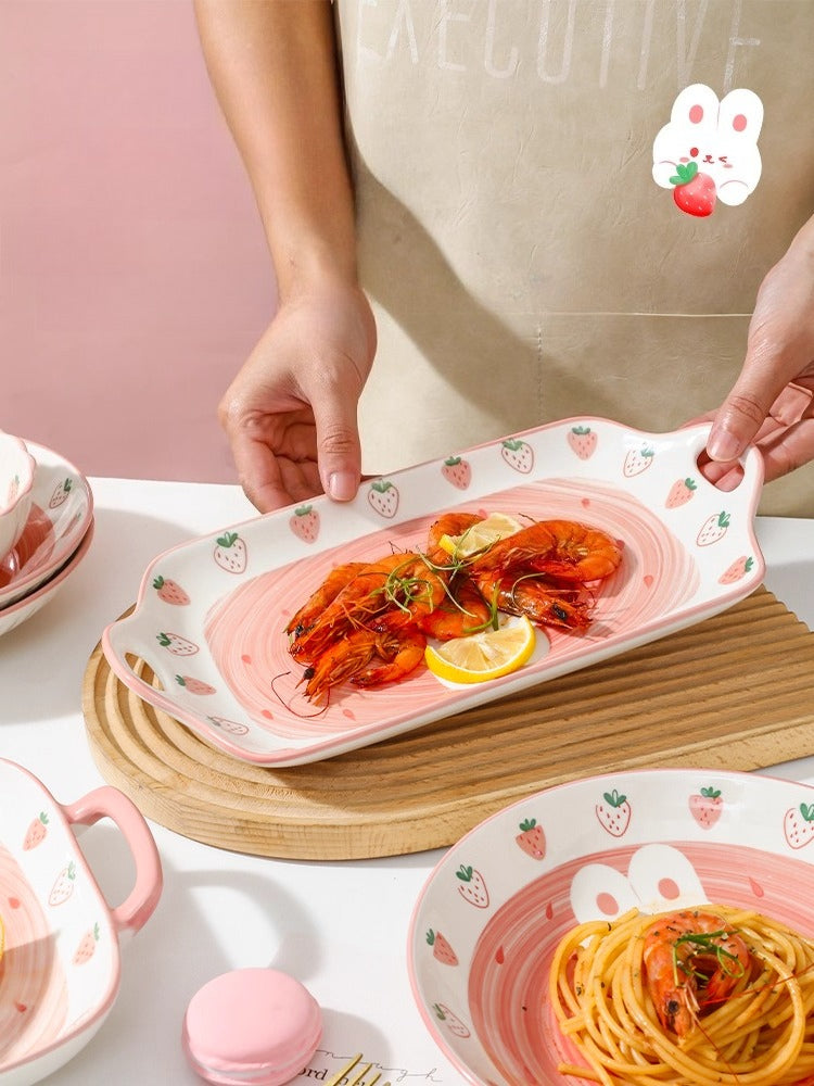 Cute Strawberry Ceramic Plate – Kawaii Bunny Korean Style Tableware  Decorla