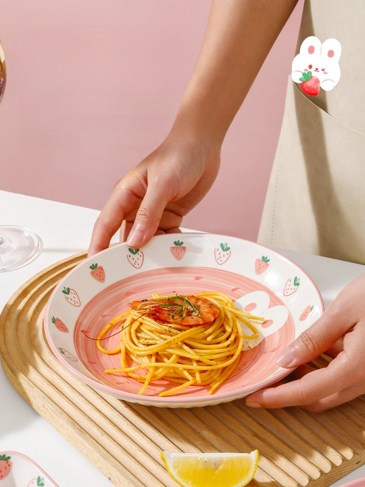 Cute Strawberry Ceramic Plate – Kawaii Bunny Korean Style Tableware  Decorla