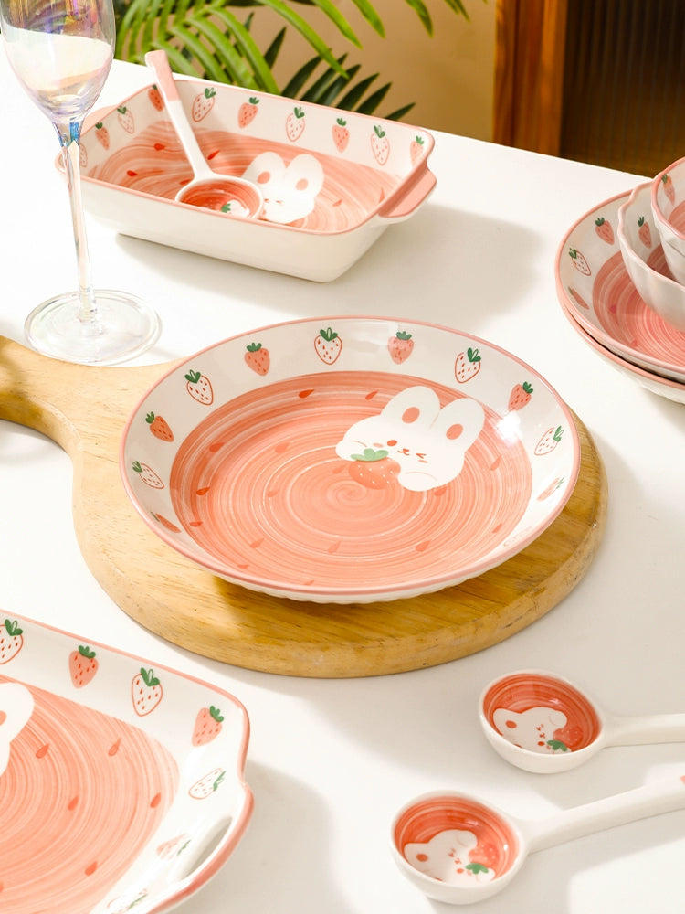 Cute Strawberry Ceramic Plate – Kawaii Bunny Korean Style Tableware  Decorla