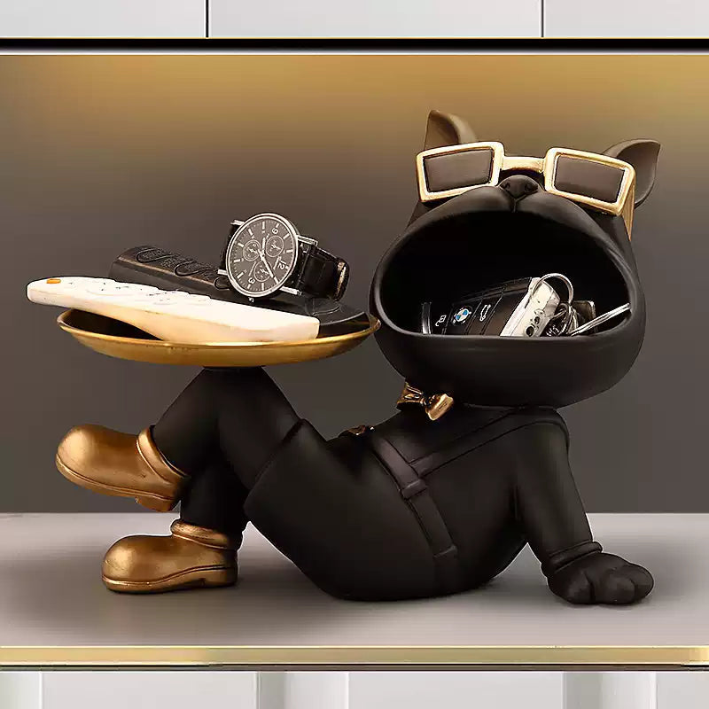 Reclining dog room key holder with wide tray for remotes, watch and keys