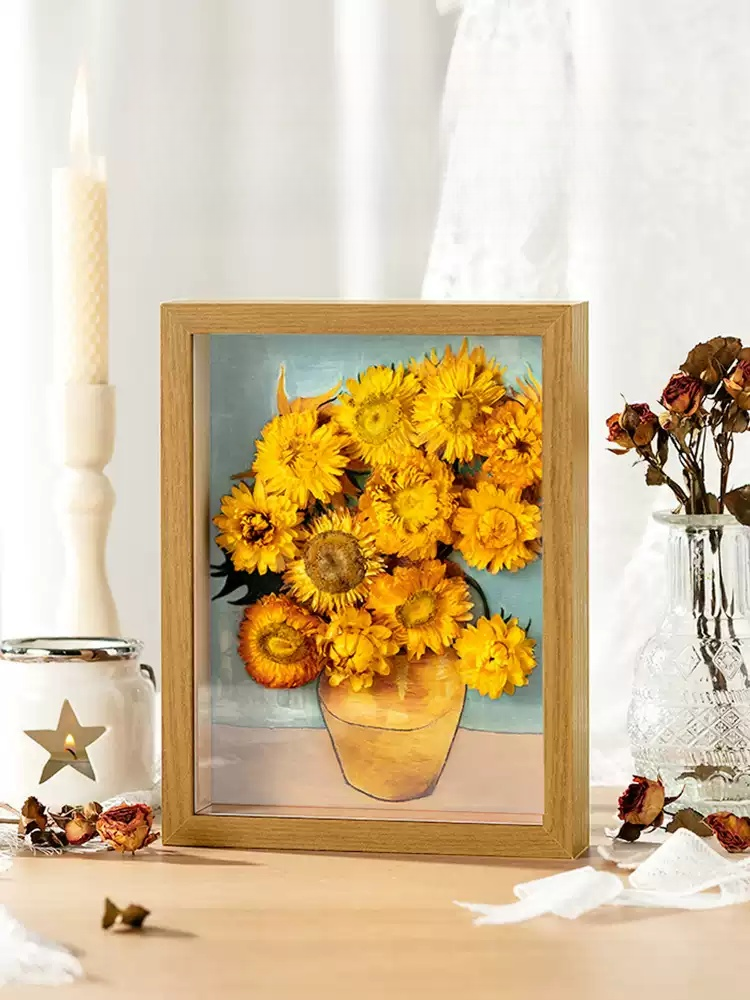 Pressed flower frame with dried sunflowers, elegant room decoration and birthday gift