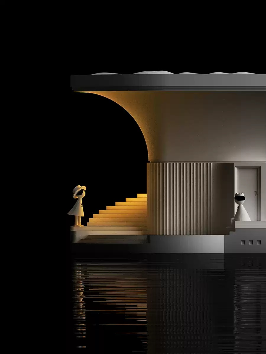 Cement ambient lamp with arched hallway scene for calm room decoration