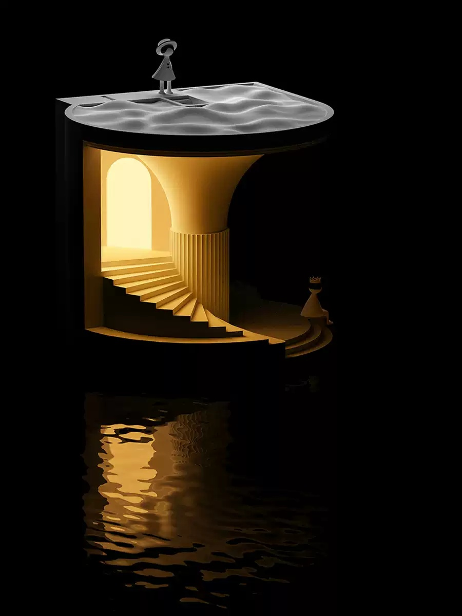 Designer mood lighting lamp with water-like top and reflective base