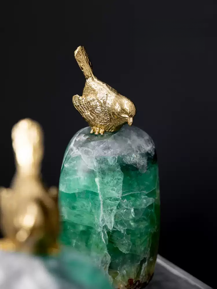 Brass bird detail on green fluorite, vintage bookends decorative accent
