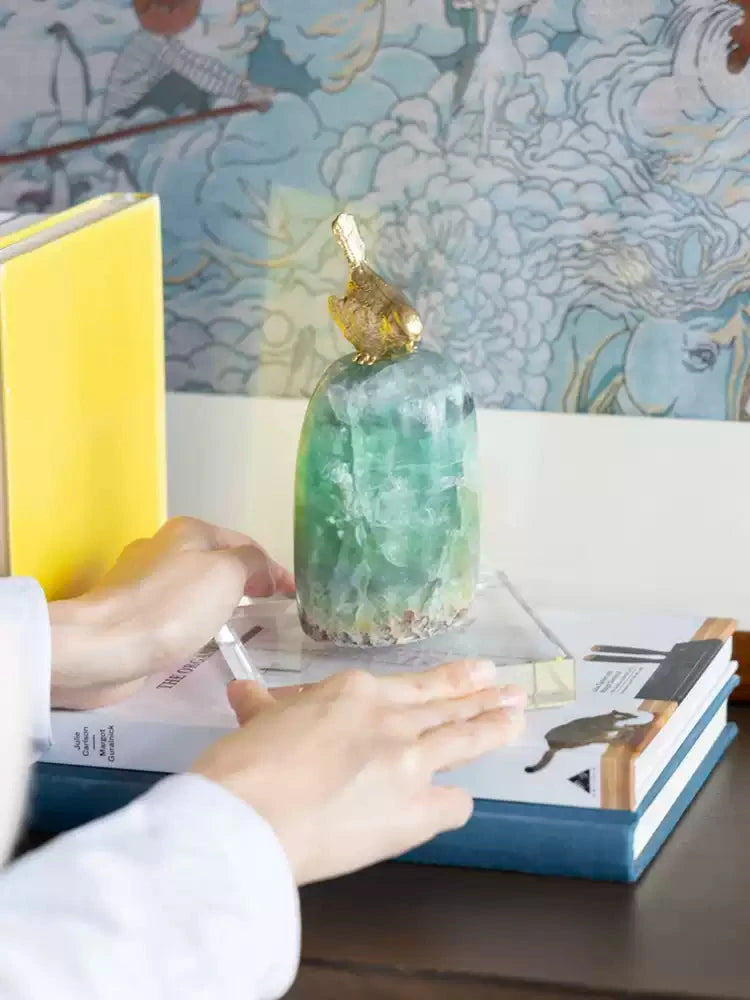 Desk view of green fluorite vintage bookends style paperweight for room decoration