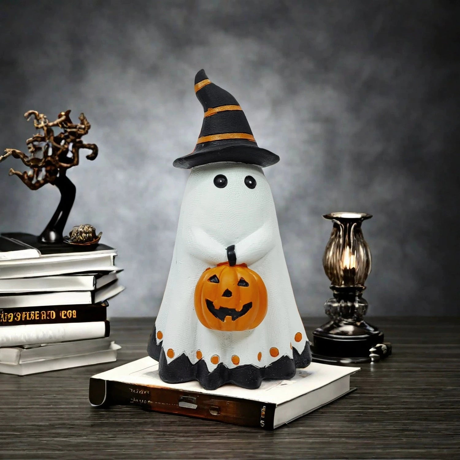 Halloween Ghost Figurine – Cute Resin Pumpkin Ghost Tabletop Ornament  Decorla