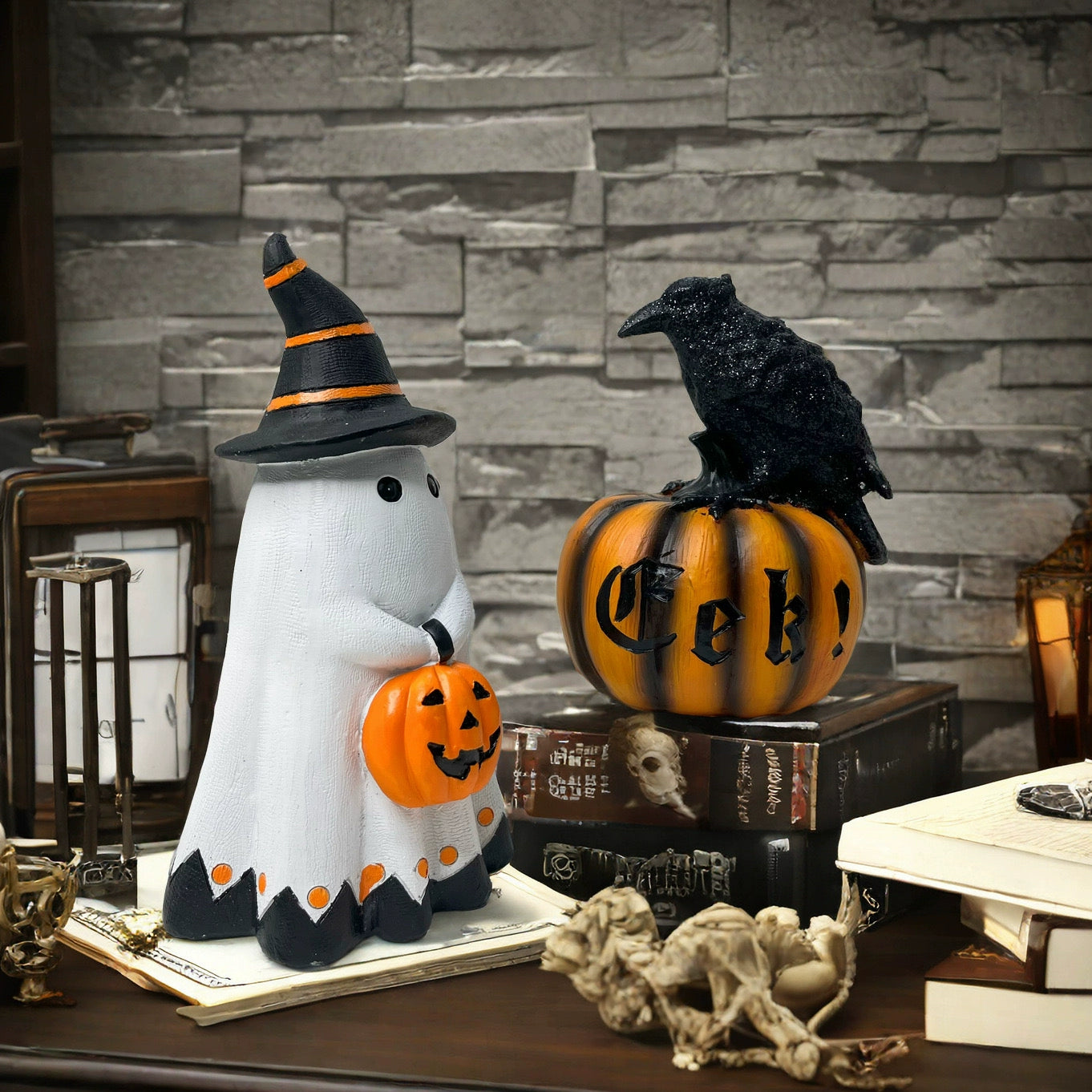 Halloween Ghost Figurine – Cute Resin Pumpkin Ghost Tabletop Ornament  Decorla