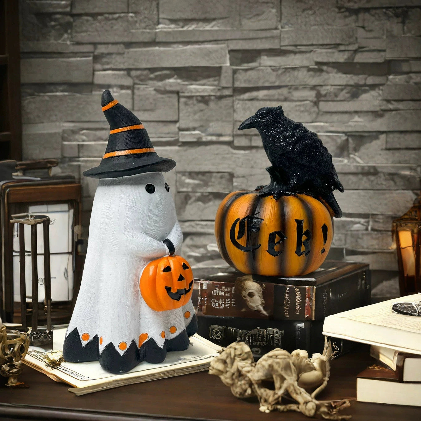 Halloween Ghost Figurine – Cute Resin Pumpkin Ghost Tabletop Ornament  Decorla