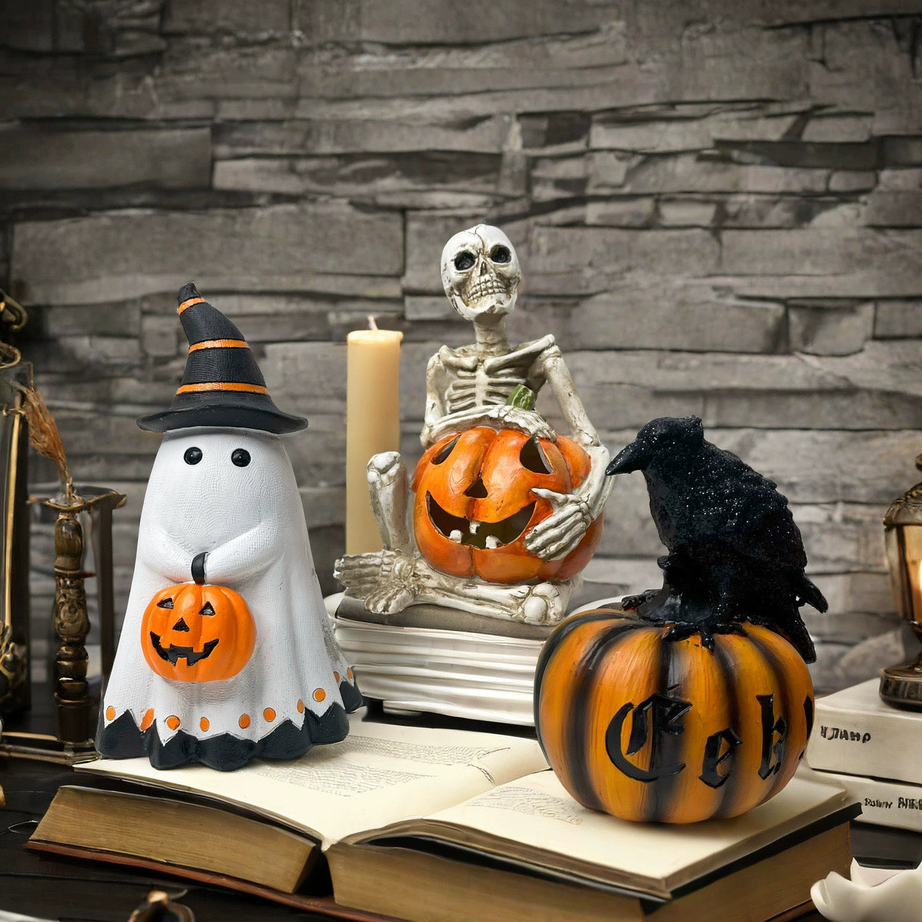 Halloween Ghost Figurine – Cute Resin Pumpkin Ghost Tabletop Ornament  Decorla