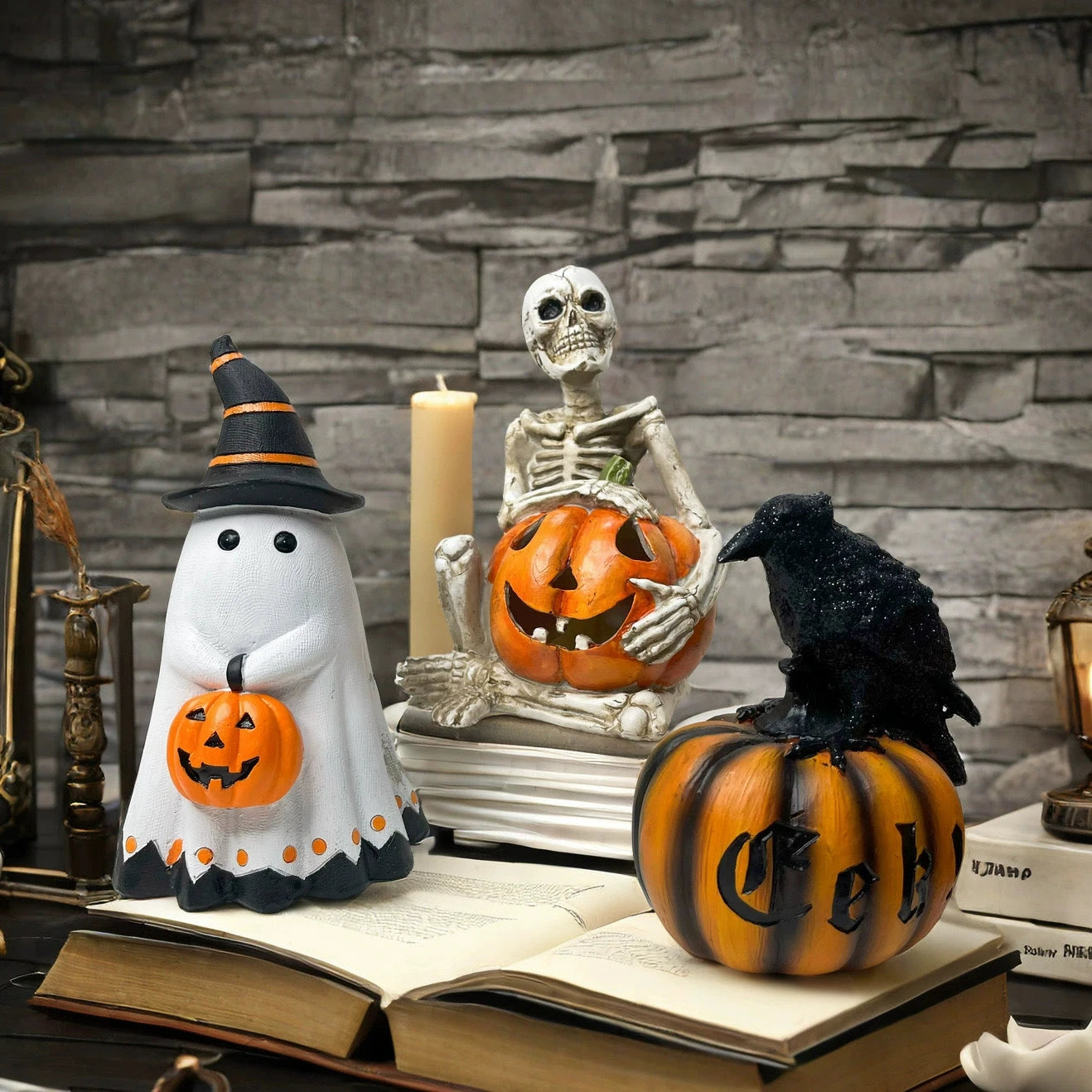 Halloween Ghost Figurine – Cute Resin Pumpkin Ghost Tabletop Ornament  Decorla