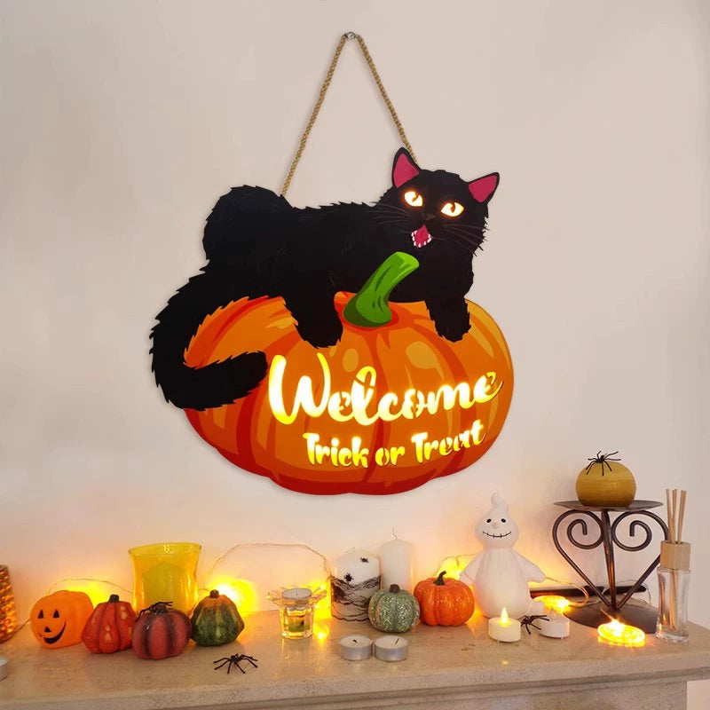 Halloween Wooden Hanging Sign – Pumpkin LED Wall Decor & Black Cat Plaque  Decorla