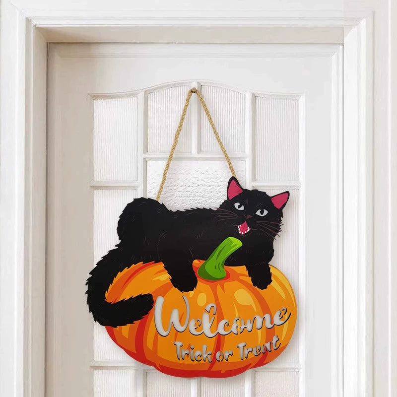 Halloween Wooden Hanging Sign – Pumpkin LED Wall Decor & Black Cat Plaque  Decorla