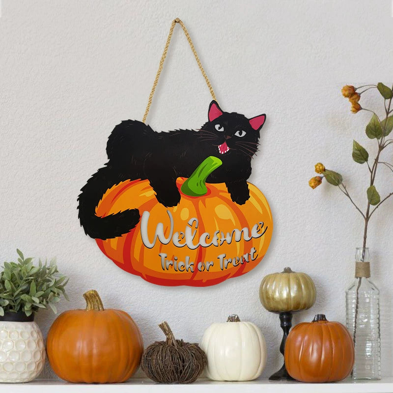 Halloween Wooden Hanging Sign – Pumpkin LED Wall Decor & Black Cat Plaque  Decorla