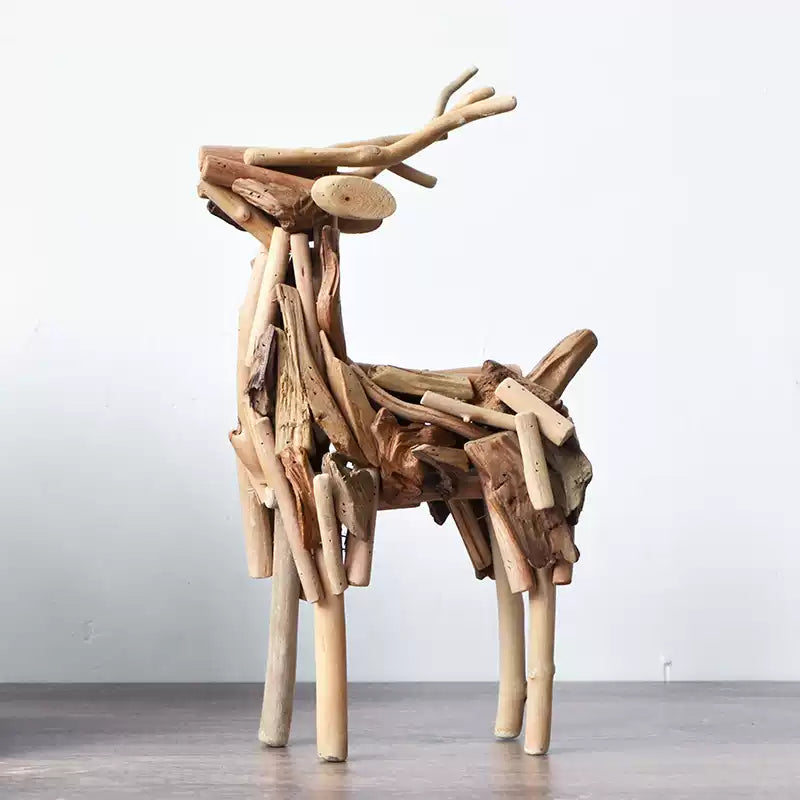 Rustic wooden deer figurines—desk decor and gift idea