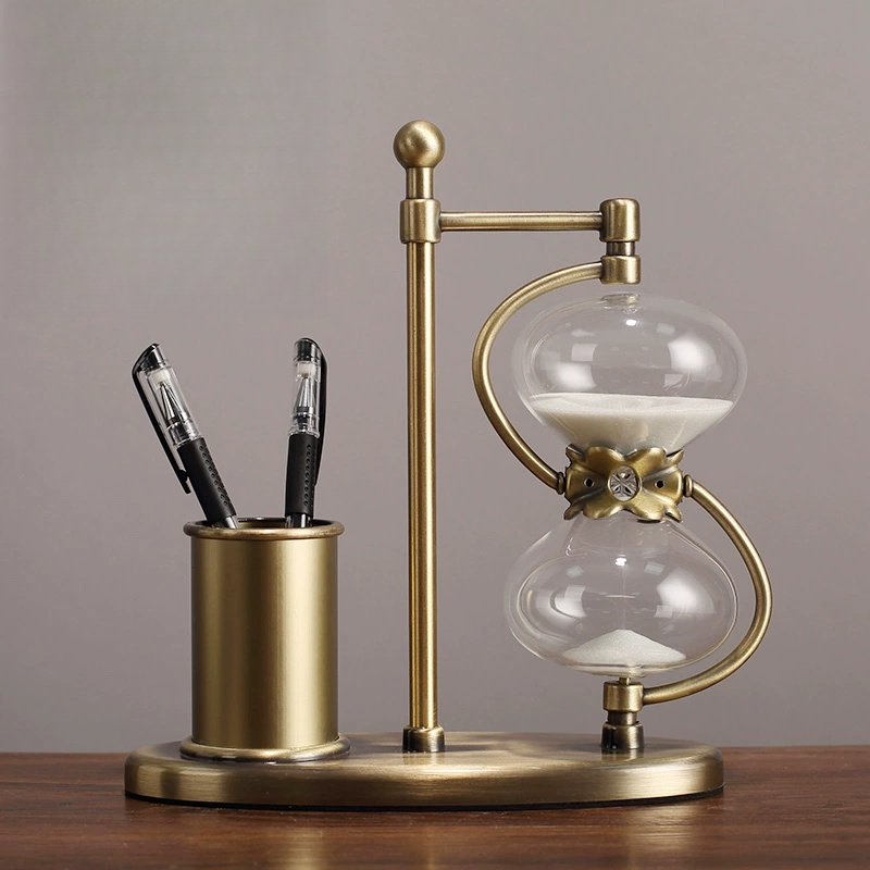 Hourglass decor pen holder in vintage gold for tidy desk room decoration