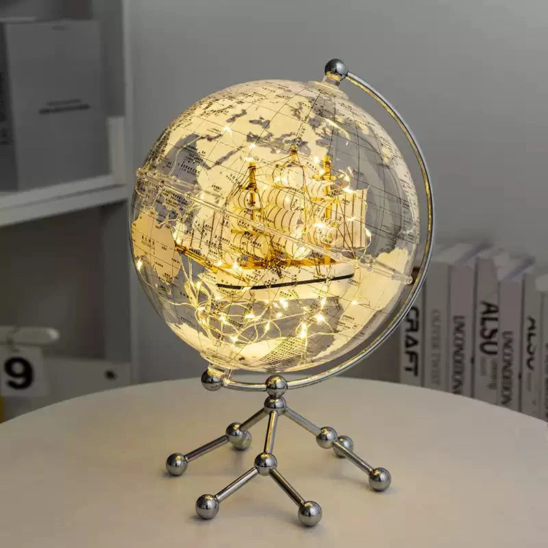 Modern interior with luxury globe decoration on chrome tripod stand, elevating room decoration