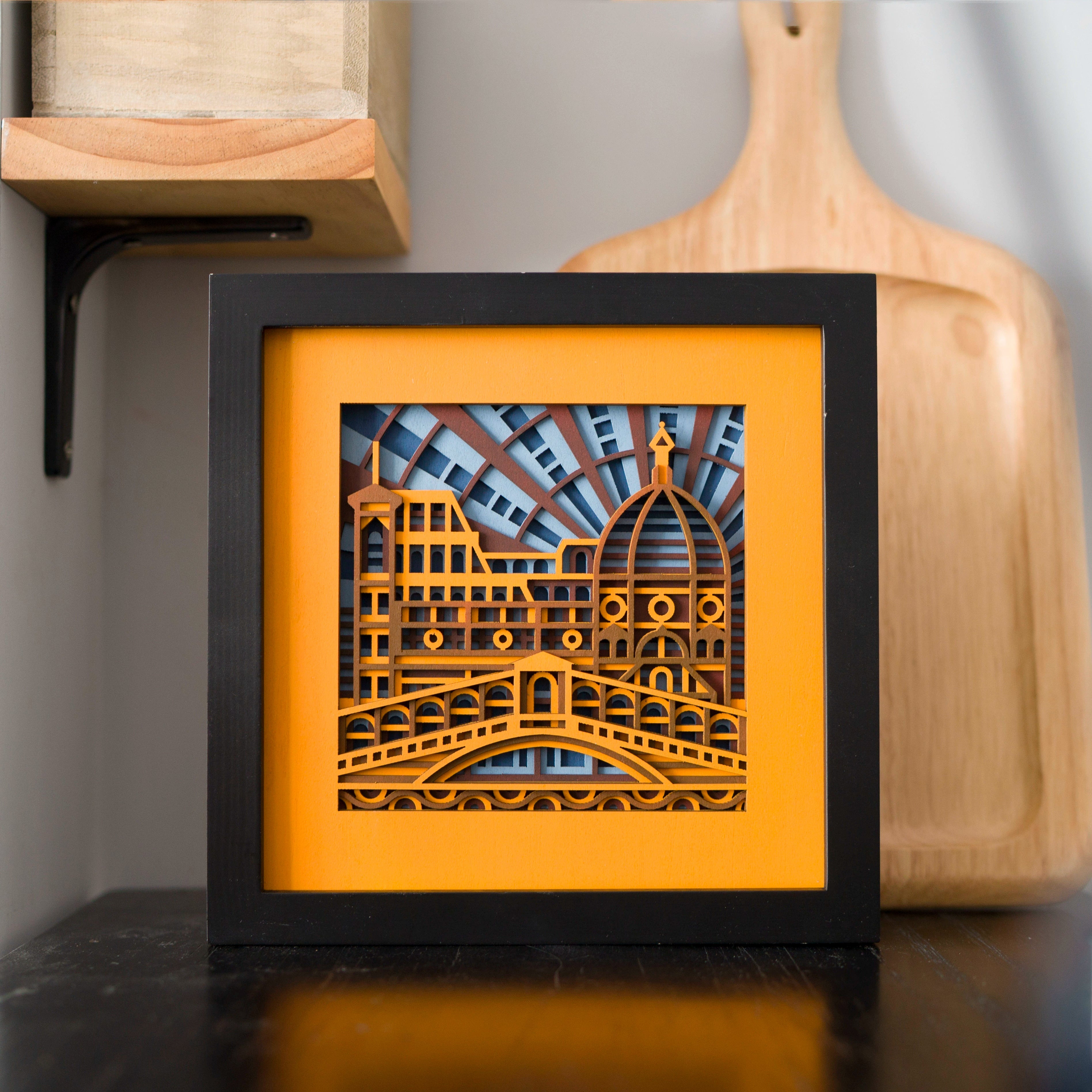 Layered wood desk decor in black frame for modern minimalist room decoration