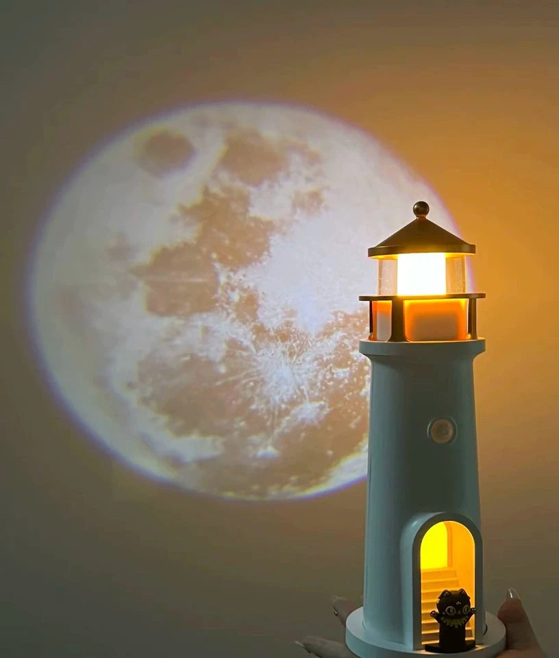 Tall lighthouse bedside lamp with bright moon projection