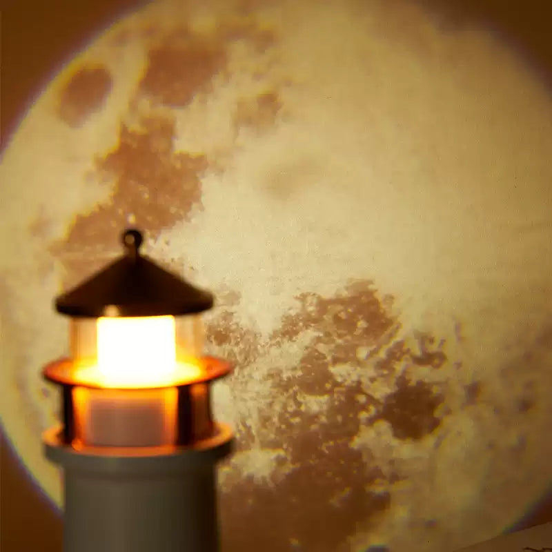 Close view of lighthouse cap with moon backdrop, warm ambient light