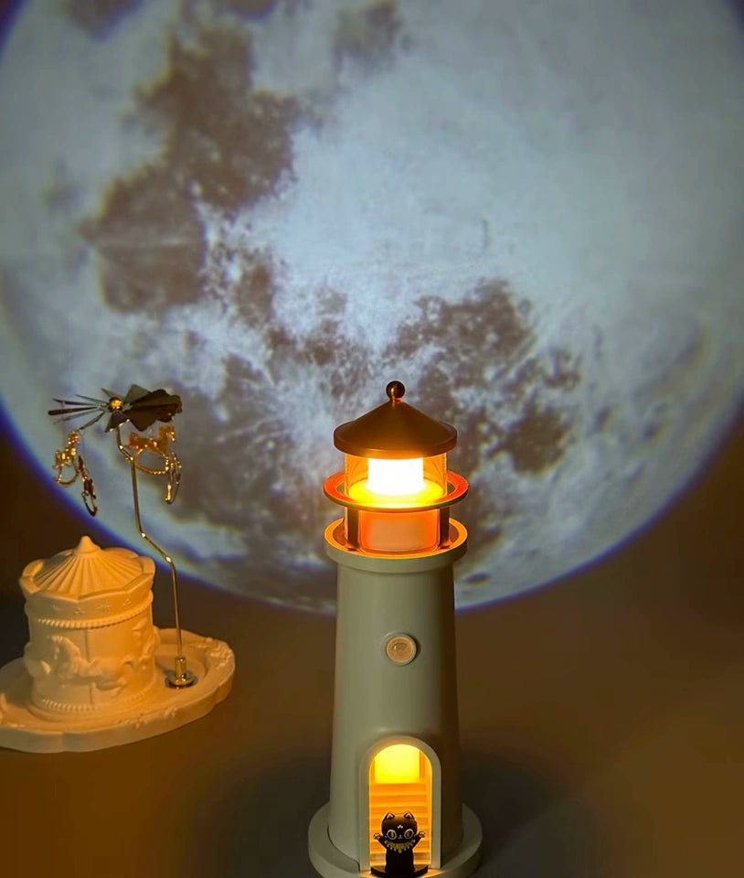Lighthouse projector night light on desk, cozy ambient glow