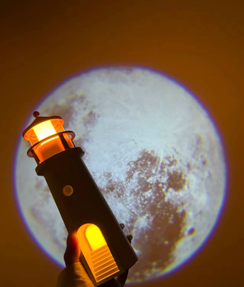 Lighthouse projection mood lighting lamp showing a large moon, ideal for room decoration