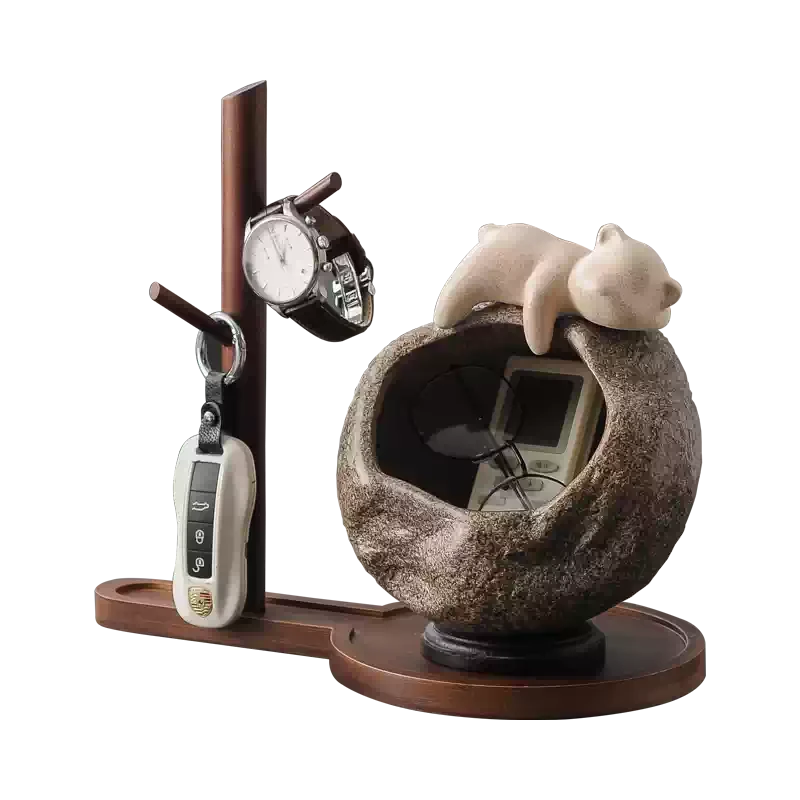 Lucky cat room key holder with stone bowl for room decoration and housewarming gift décor