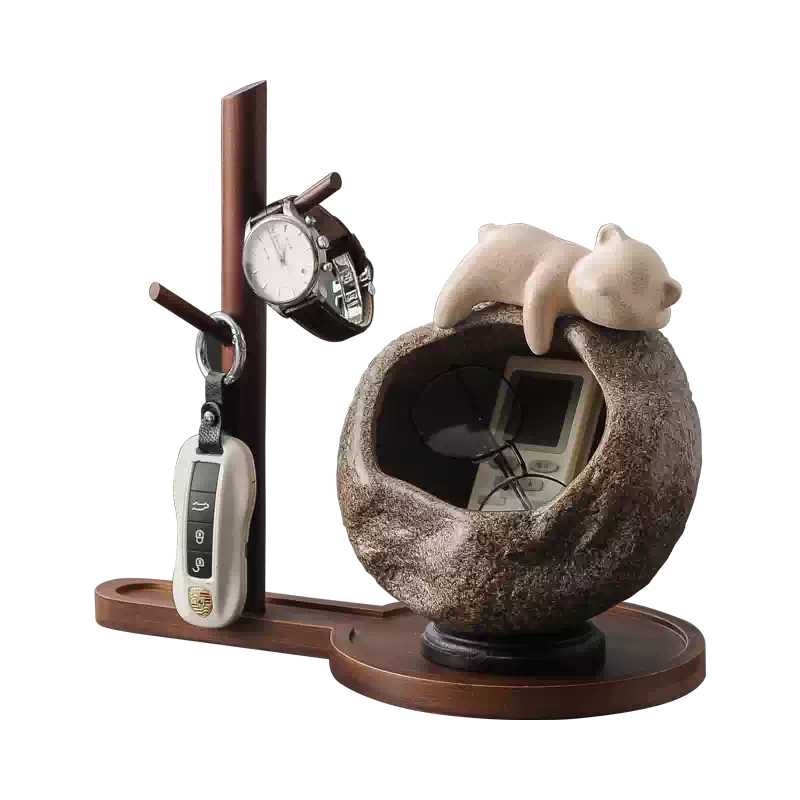 Lucky cat room key holder with stone bowl for room decoration and housewarming gift décor
