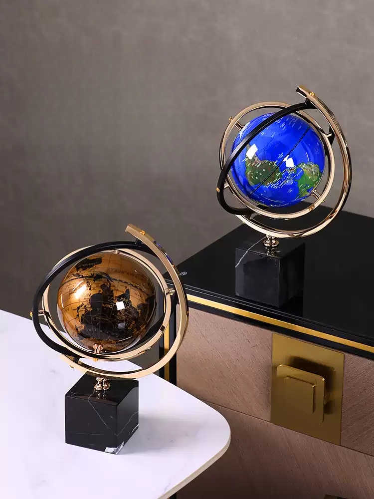 Luxury globe decoration with gold rings on marble base for room decoration and birthday gift