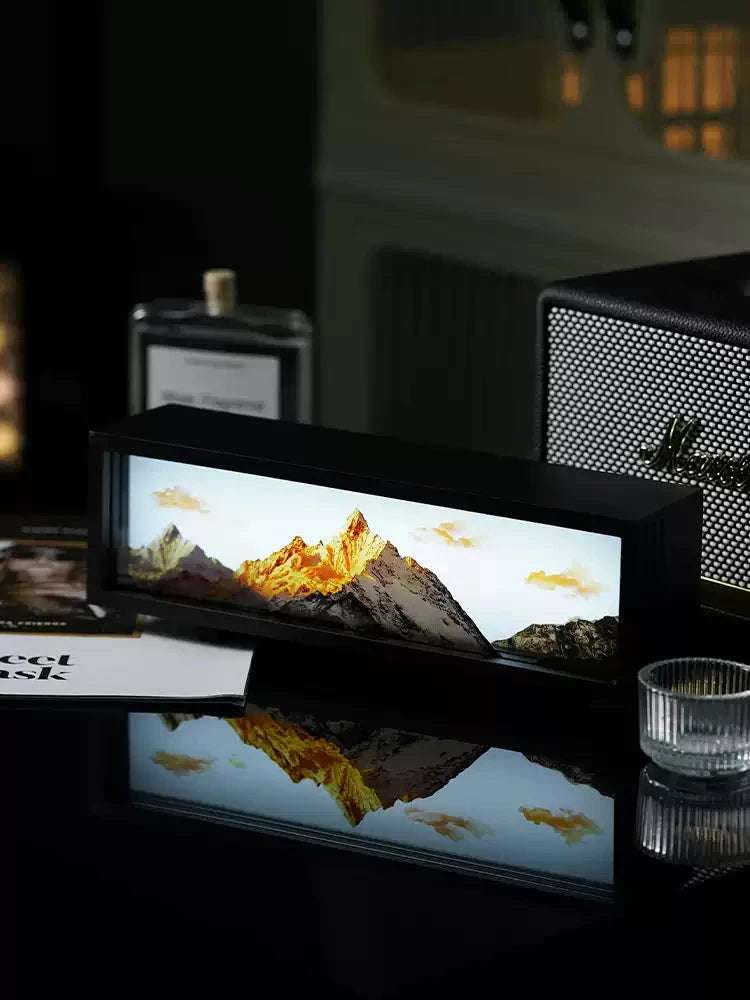 Meili Mountain mood lighting lamp on black desk, bedside lamp and birthday gift