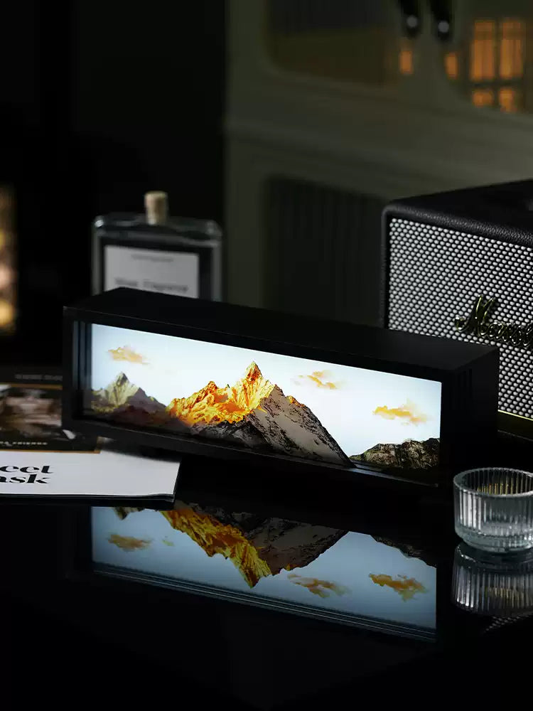 Meili Mountain mood lighting lamp on black desk, bedside lamp and birthday gift