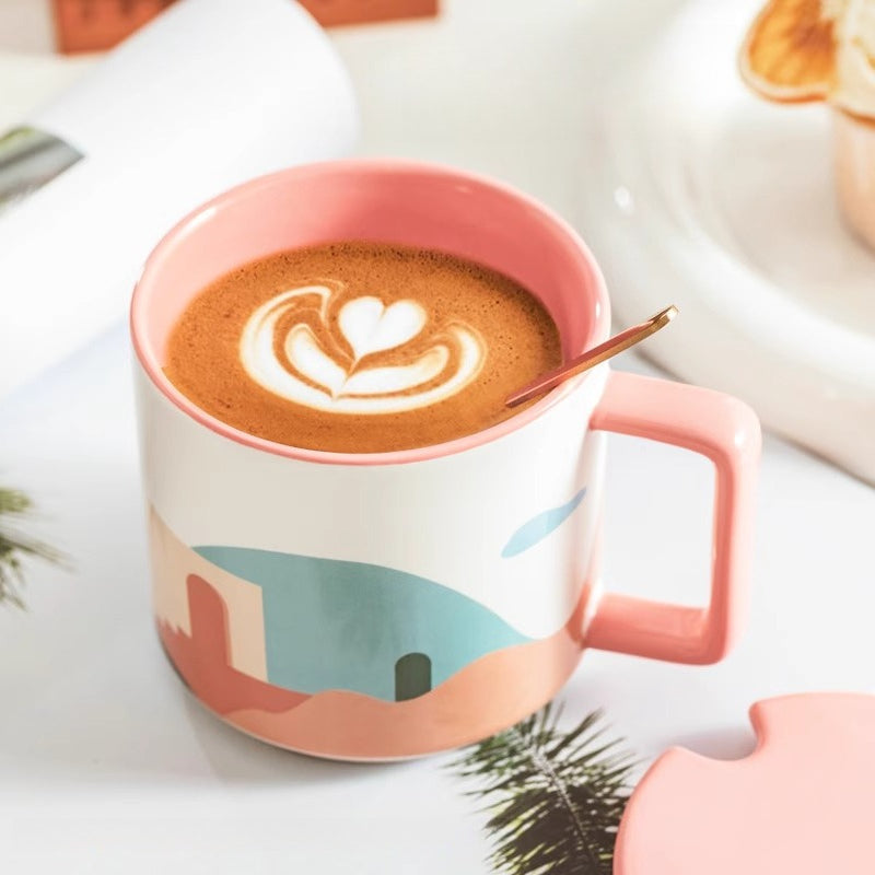 Morandi Ceramic Coffee Mug – Minimalist Geometric Mug with Lid & Spoon  Decorla