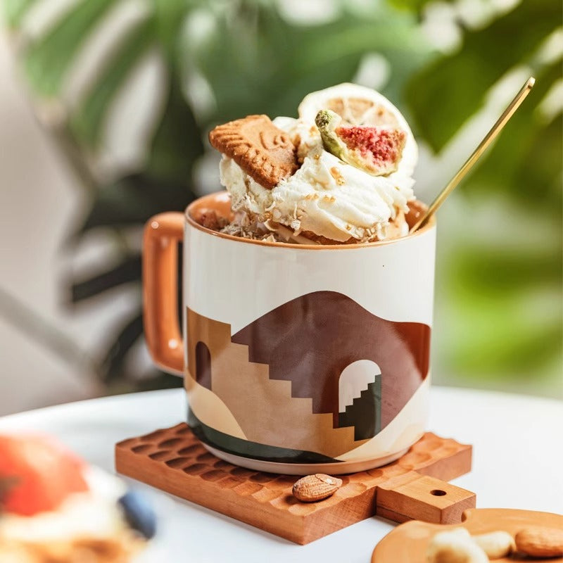 Morandi Ceramic Coffee Mug – Minimalist Geometric Mug with Lid & Spoon  Decorla